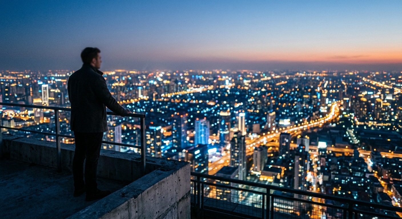 Figure contemplating electric city skyline at dusk — Aquarius Mercury air sign synastry