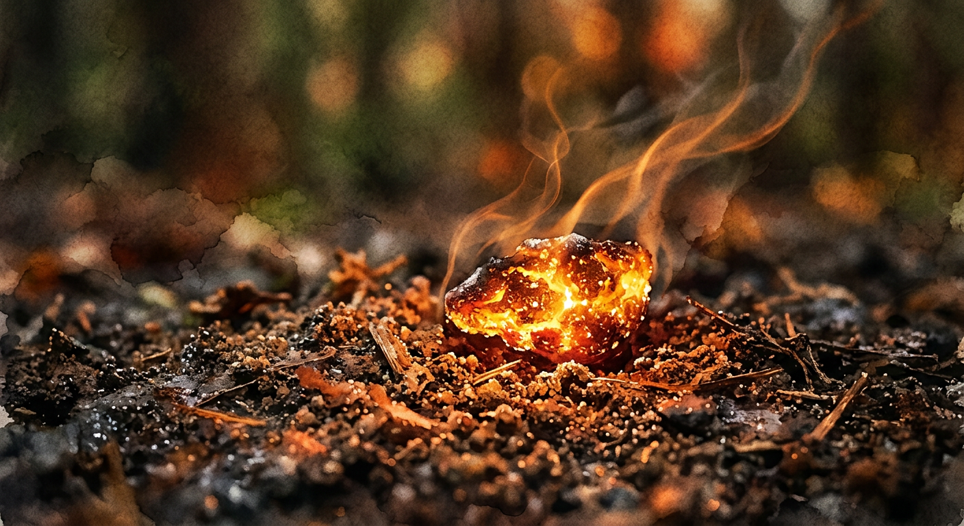 Glowing ember on dark earth, fire and earth elements — Leo, Capricorn, Mars energy