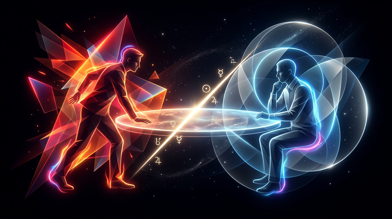 Aries Mercury and Libra Mercury opposition synastry chart with two figures in cardinal sign tension