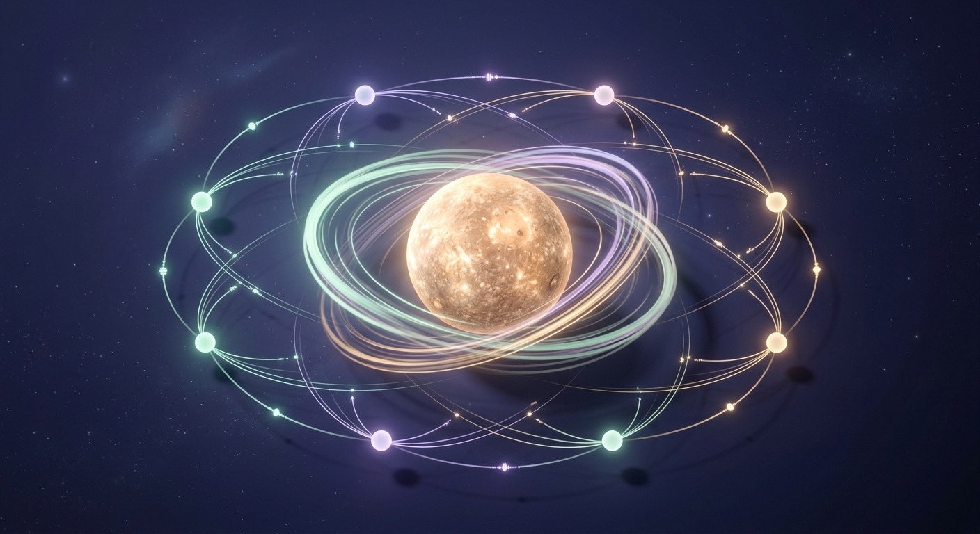 Mercury planet surrounded by 12 glowing orbs in synastry communication flow