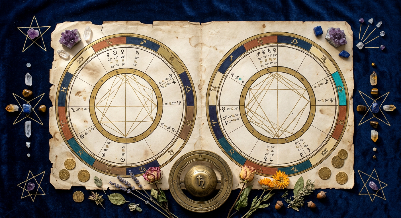 Overhead flat-lay of two synastry charts with Saturn glyph and aspect lines on parchment