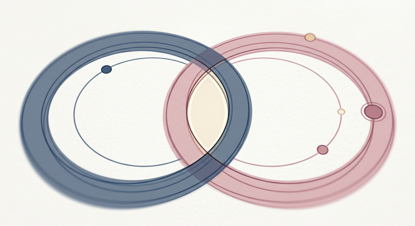 Minimalist flat illustration of two overlapping synastry chart orbit rings with aspect intersection